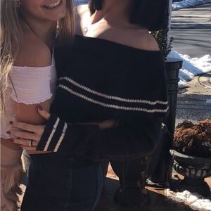 Blue Blush Black and White Off-Shoulder Sweater